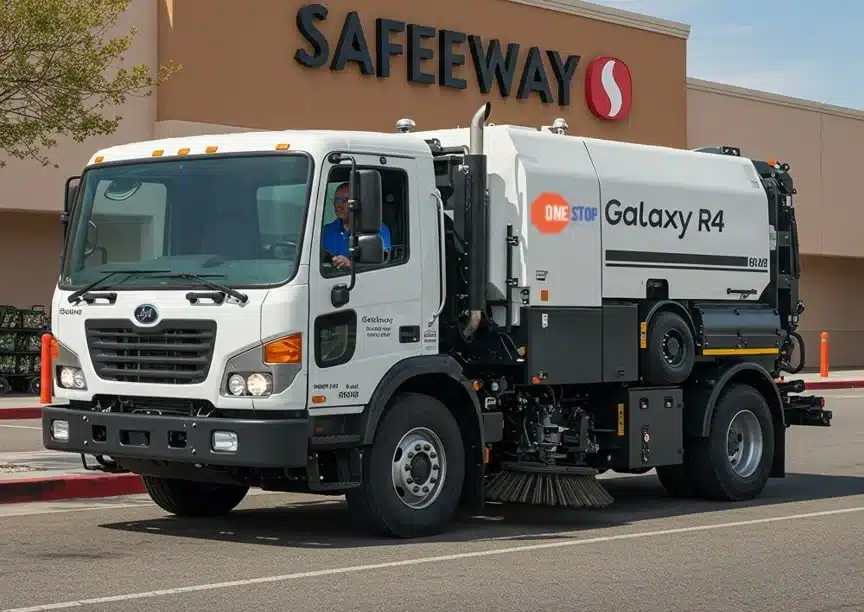 Street sweeping truck cleaning a parking lot – One Stop Property Services