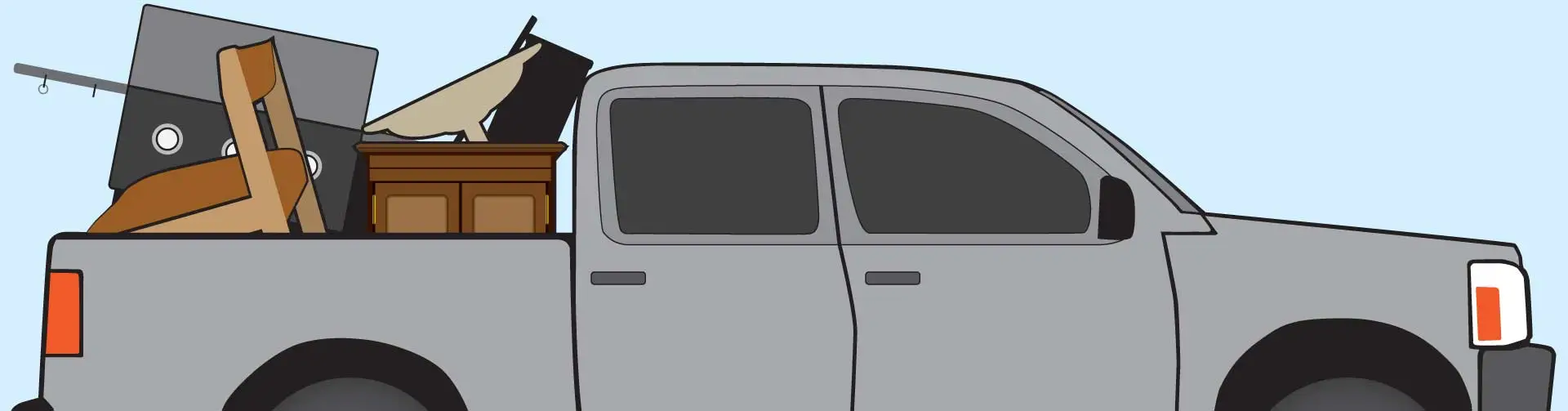 Illustration of a truck loaded with assorted junk items including furniture, electronics, and bags